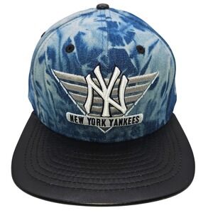 New Era New York Yankees 9FIFTY Hat Blue Acid Wash Denim Black Leather Wing Logo